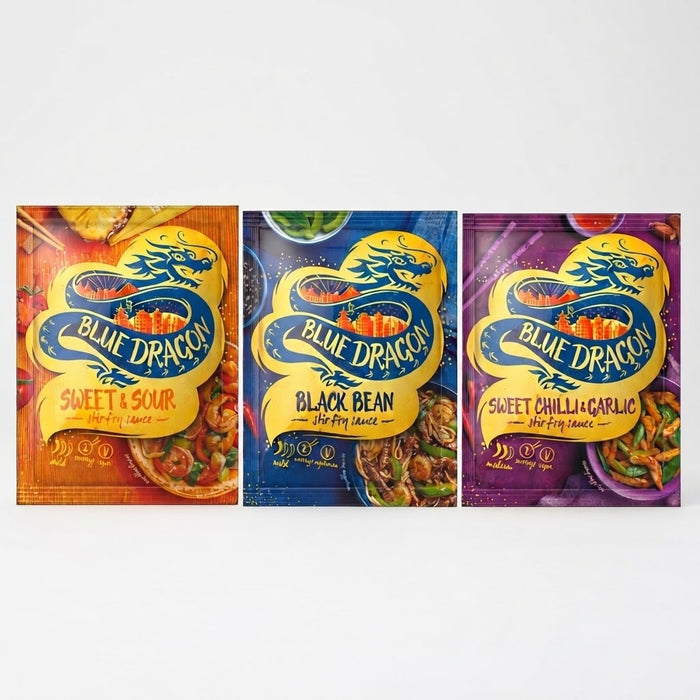 120g x 12 Blue Dragon Stir Fry Sauce Pack Assortment - Black Bean Sweet Chilli