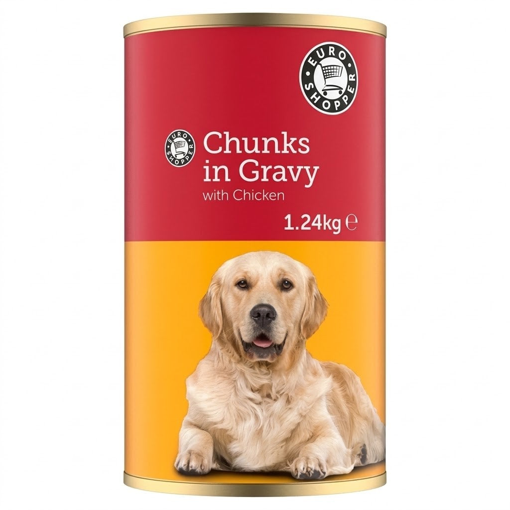 1.24kg x 6 Pack Euro Shopper Chunks in Gravy with Chicken Adult Dog Wet Food Can