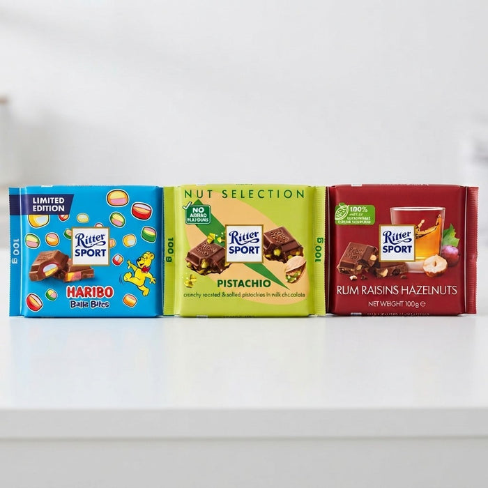12x 100g Ritter Sport Variety Rum Raisins, Pistachio & Haribo Balla Bites