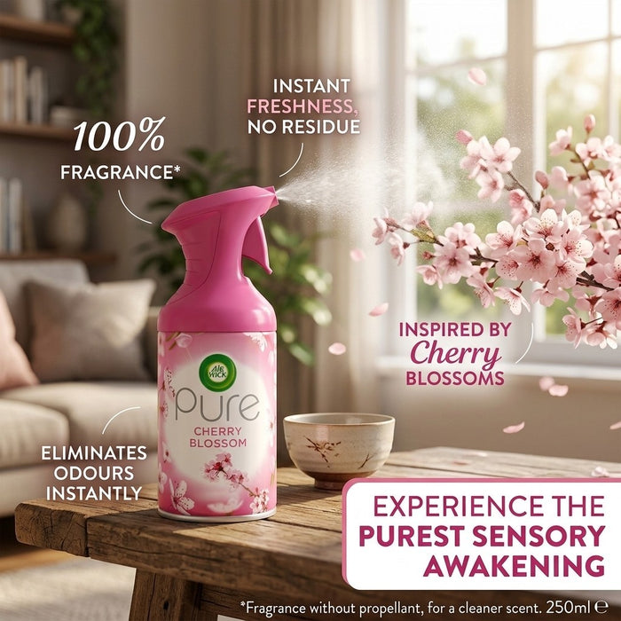 6x Air Wick Aerosol Air Freshener Spray 250ml Cherry Blossom Odour Neutraliser