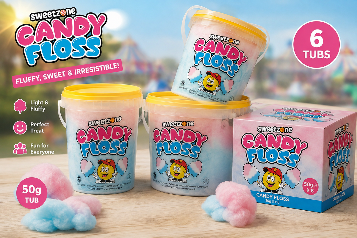 50g x 6 SweetZone Candy Floss Pink & Blue Sugar Floss Tubs Halal Vegetarian