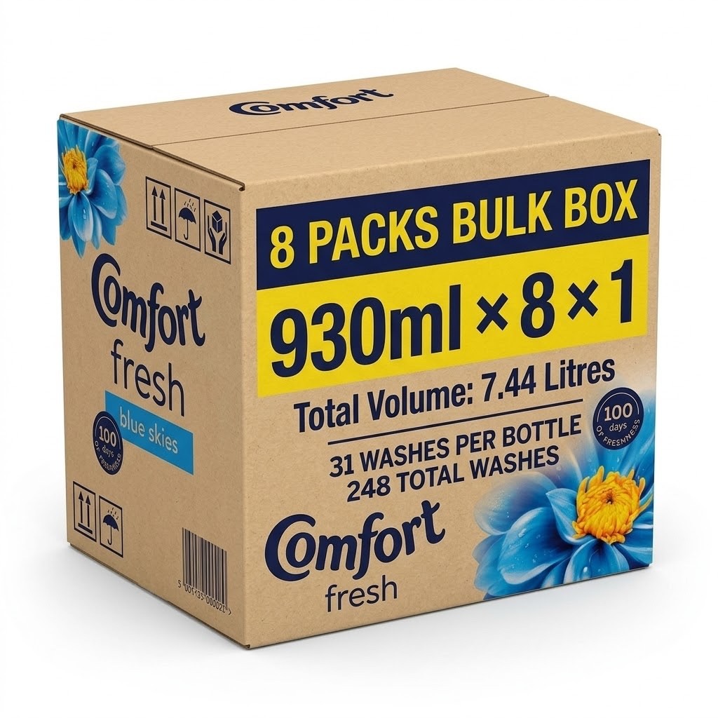 8 x 930ml Comfort Fresh Blue Skies Fabric Conditioner 31 Washes Bulk Pack Box