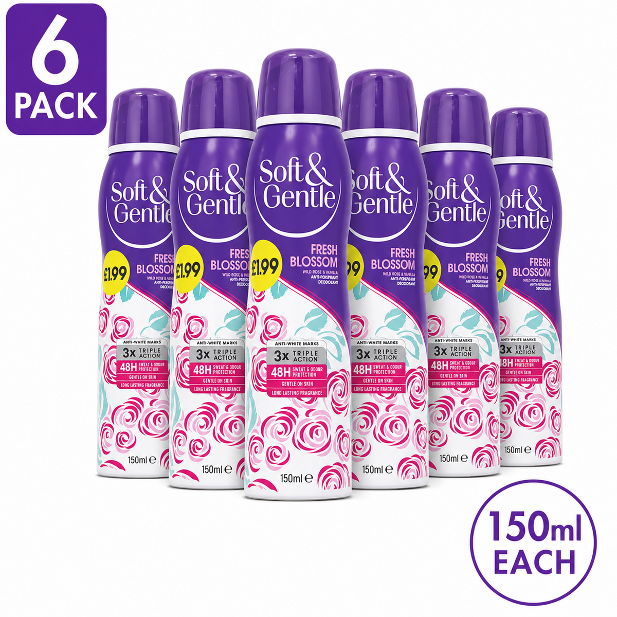Soft & Gentle Fresh Blossom Antiperspirant Deodorant Spray 150ml - Pack of 6