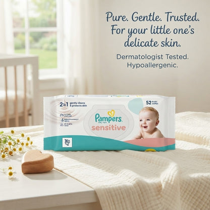 12x 52s Pampers Sensitive Baby Wipes Plastic Free 2in1 Protect Skin