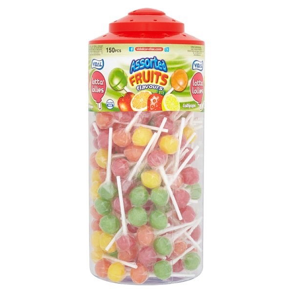 150 x Tub Vidal Lotta Lollies Assorted Fruit Flavours Hard Boiled Sweets