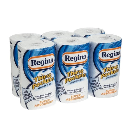 6 Regina Thirst Pockets Kitchen Roll Paper Towels 3 Ply Absorbent Single Rolls