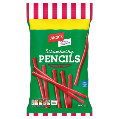 10x 140g Jack's Strawberry Pencils Chewy Fondant Filled Liquorice Sweet