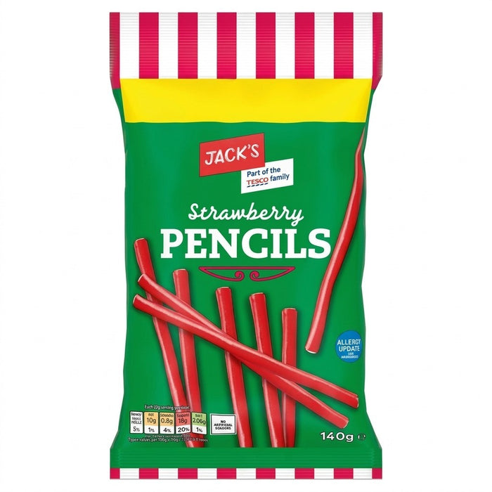 10x 140g Jack's Strawberry Pencils Chewy Fondant Filled Liquorice Sweet