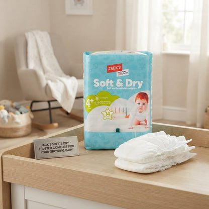 3x Jacks Soft & Dry Size 4+ Nappies 9-20kg 14 Pack Case of 3 Multi Pack