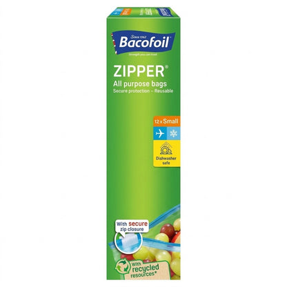 12 Pack Bacofoil Zipper All Purpose Food Freezer Bags Small 1L Reusable Storage