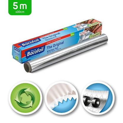 Bacofoil Original Kitchen Foil Easy Cut 300mm x 5m Aluminium Roll 6 or 36 Pack