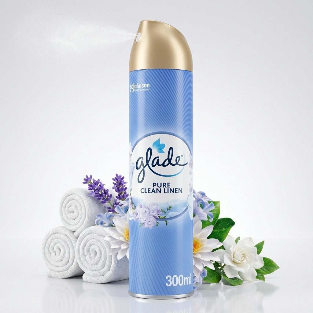 12 x Glade Aerosol Air Freshener Pure Clean Linen Scent 300ml Room Eliminator