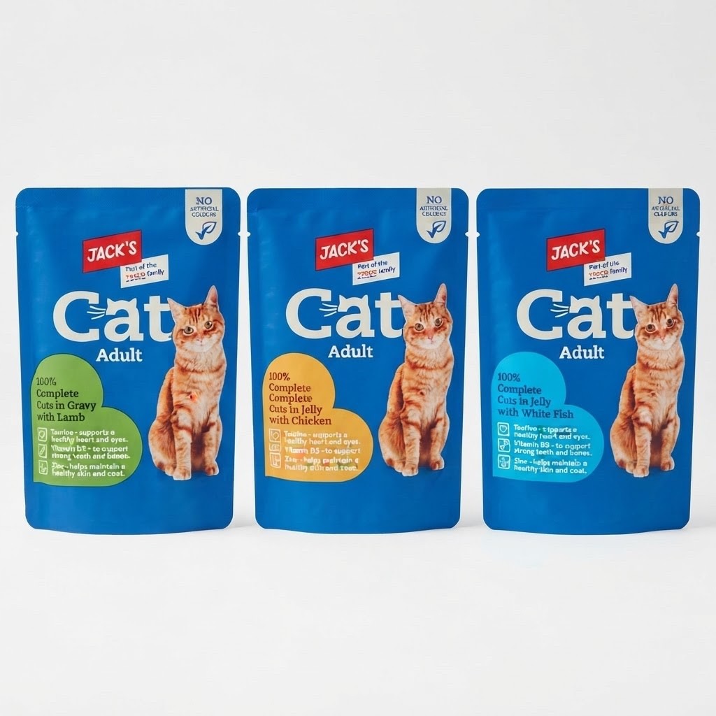 24 x 100g Jack's Cat Adult Wet Food Pouches Variety Pack-Lamb,Chicken&White fish