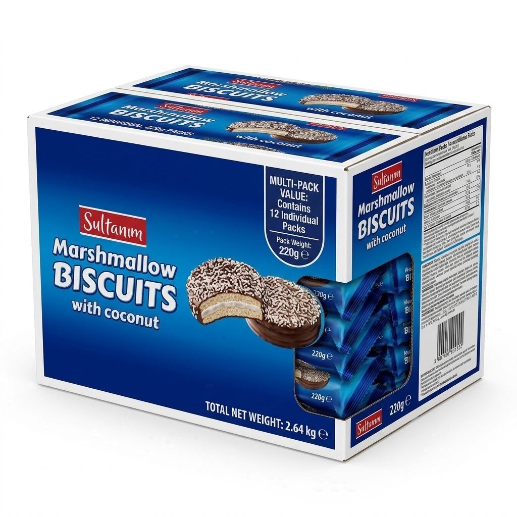 220g x 12 Pack Sultanım Marshmallow Biscuits with Coconut - Chocolate Coated
