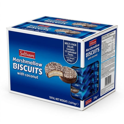 220g x 12 Pack Sultanım Marshmallow Biscuits with Coconut - Chocolate Coated