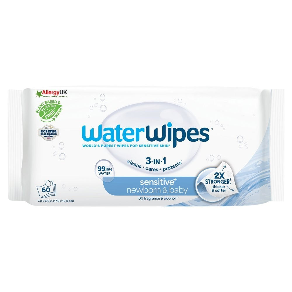 6x 60s WaterWipes Sensitive+ Newborn & Baby Wipes 99.9% Pure Water