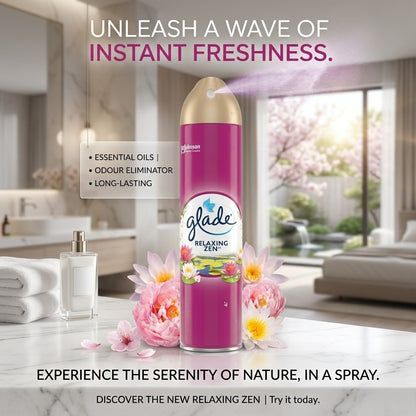 12 x Glade Aerosol Air Freshener Relaxing Zen Scent 300ml Room Eliminator