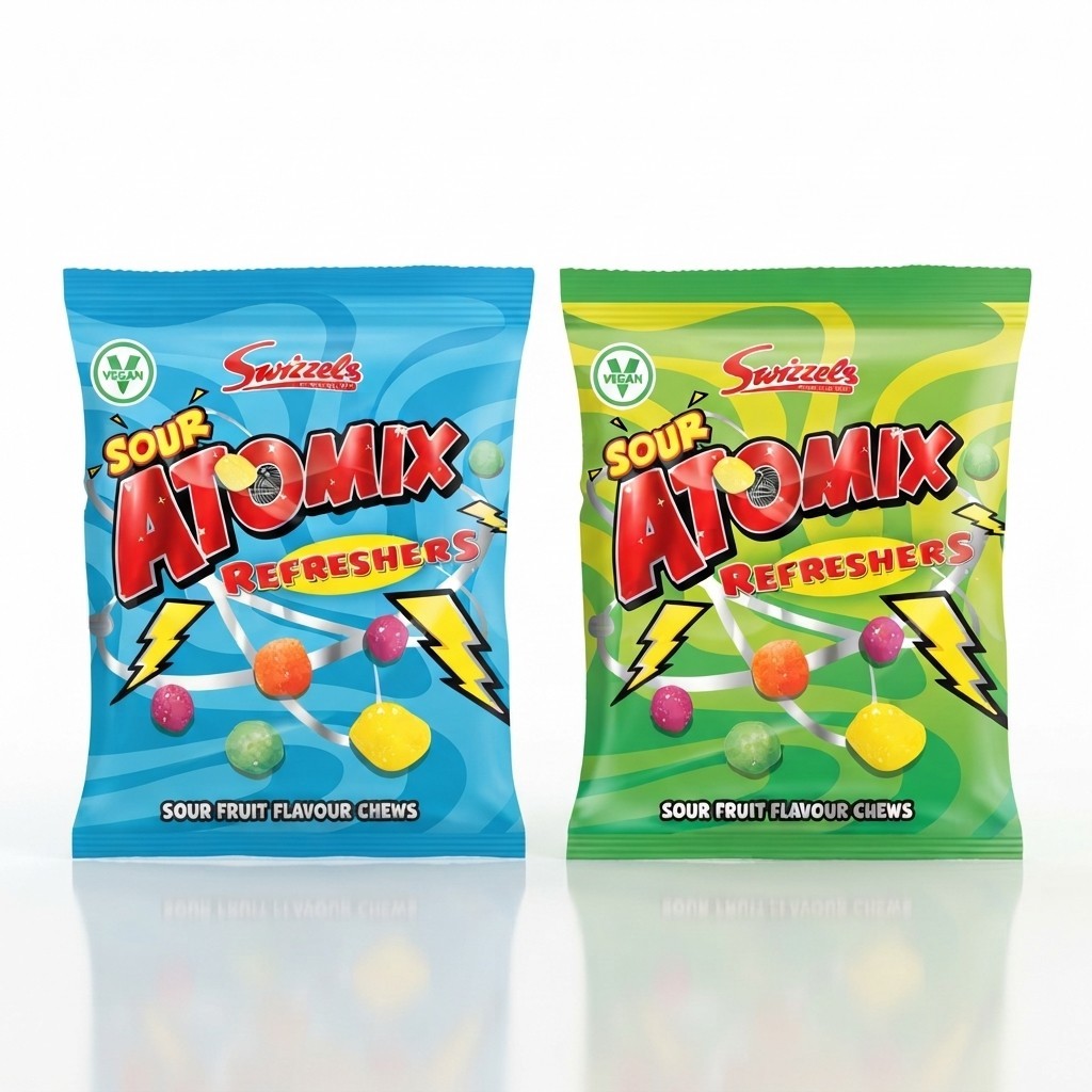 12x 100g Swizzels Atomix Refreshers Sour Fruit & Rainbow Drops Fruit Chews