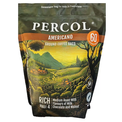 60 x 8g Percol Americano Medium Roast Coffee Bags 100% Arabica Compostable Pack