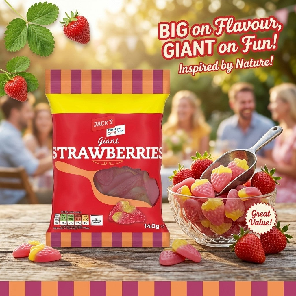10x 140g Jack's Giant Strawberries Chewy Soft Strawberry Gums Sweets Ba