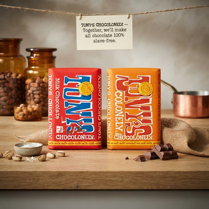 90g Tony's Chocolonely Milk & Caramel Sea Salt Chocolate Bars