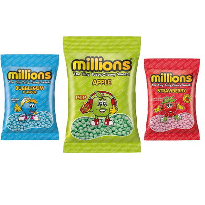 Millions Sweets Hanging Bag Apple Bubblegum Strawberry Pack of 12 x 110g