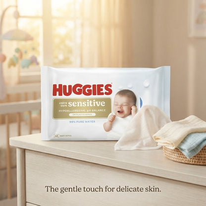 8x 48s Huggies Sensitive Extra Care Baby Wipes 99% Pure Water