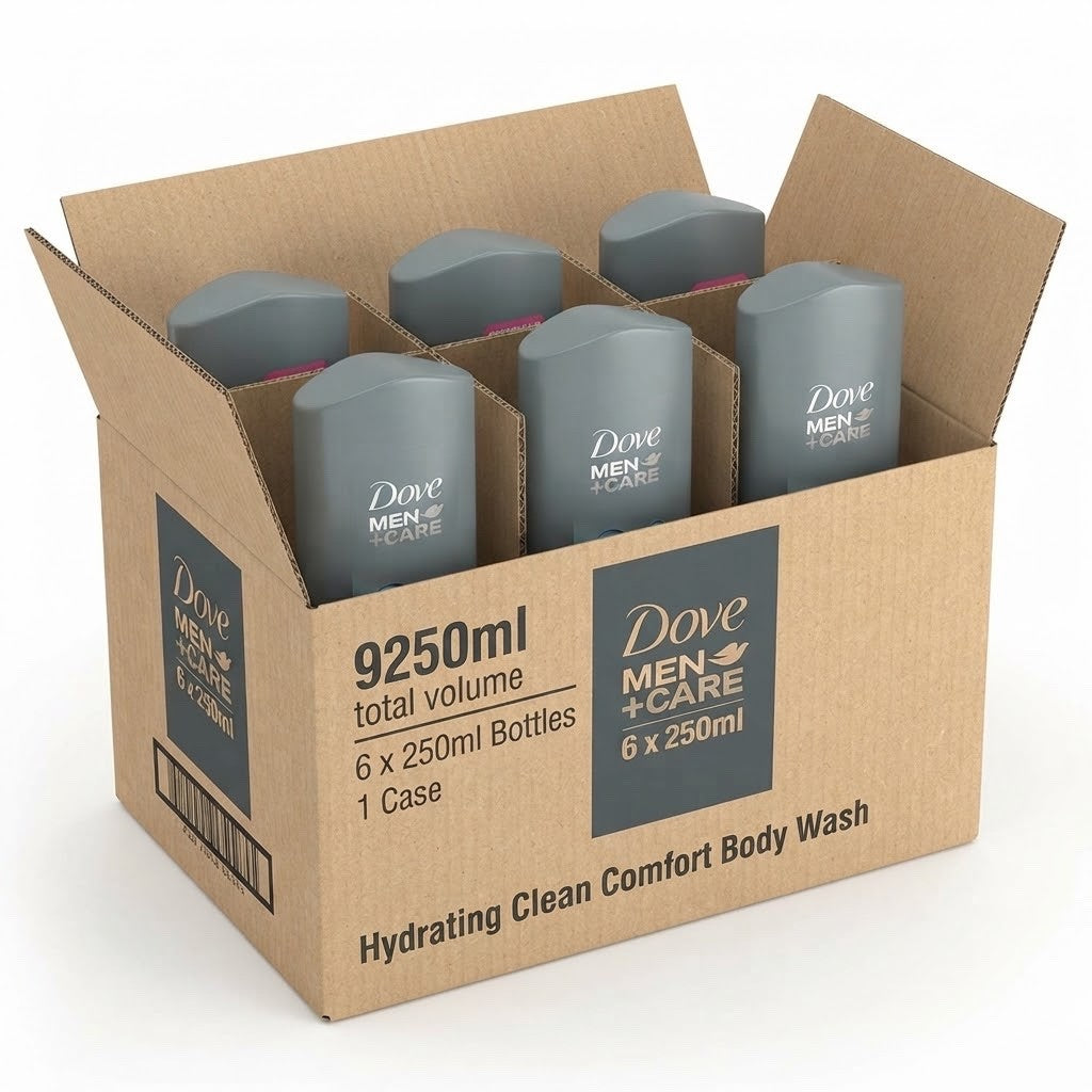 6 x 250ml Dove Men+Care Hydrating Clean Comfort Body, Face & Hair Wash - Bulk