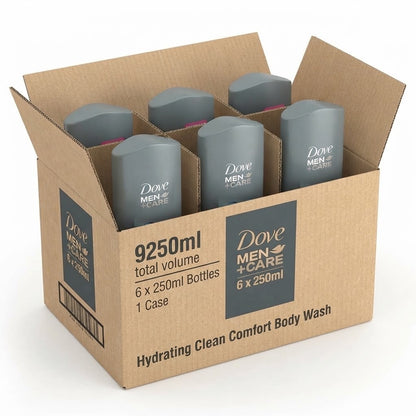 6 x 250ml Dove Men+Care Hydrating Clean Comfort Body, Face & Hair Wash - Bulk
