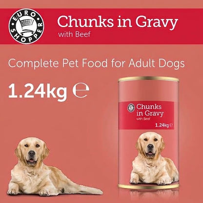 6 x 1.24kg Packs Euro Shopper Chunks in Gravy with Beef Adult Dog Wet Food Can