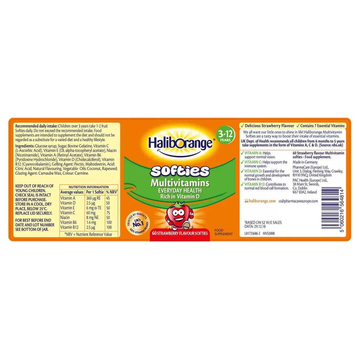 3 x 60 Pack HalibOrange Strawberry Multivitamins Softies 180 Gummies 3-12 Years