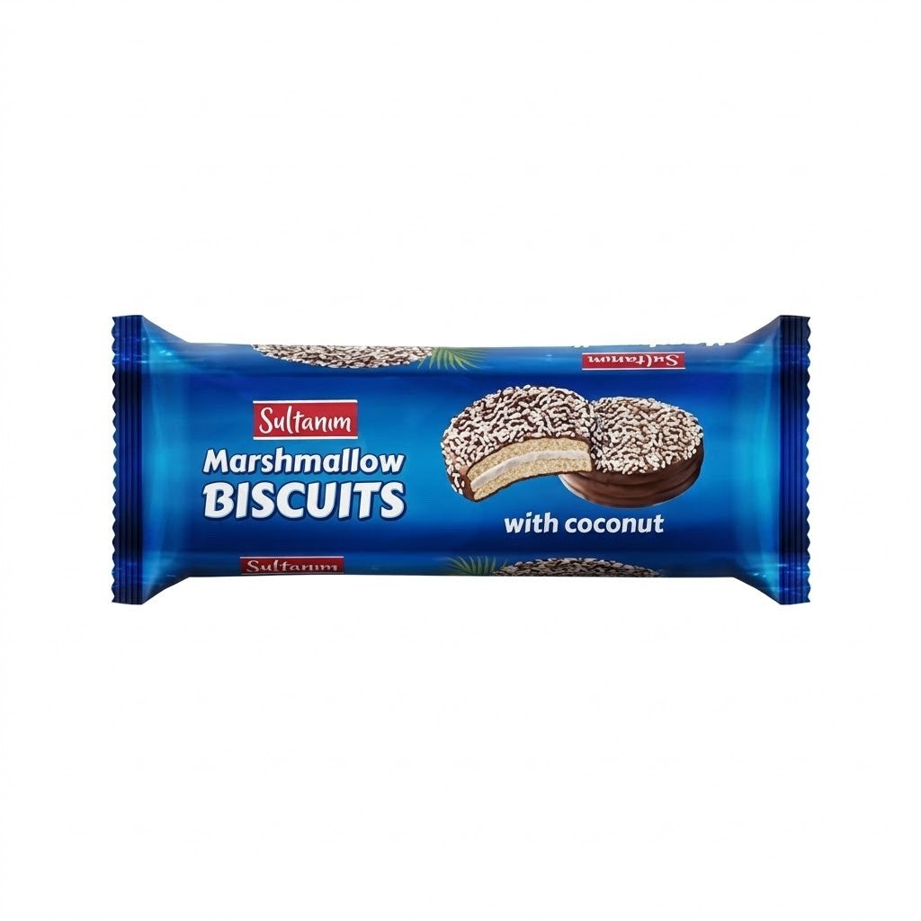 220g x 12 Pack Sultanım Marshmallow Biscuits with Coconut - Chocolate Coated