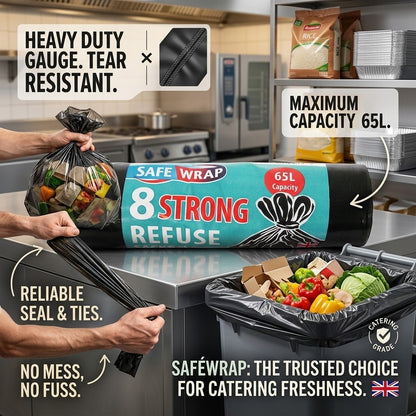 8x Safewrap Strong Refuse Sacks 65L Heavy Duty Black Bin Liners Waste Bags 65Ltr