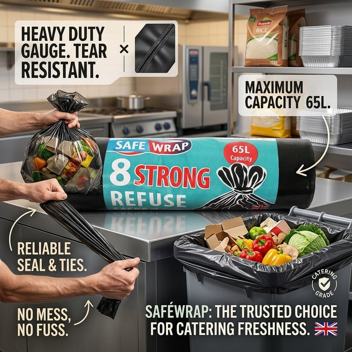 8x Safewrap Strong Refuse Sacks 65L Heavy Duty Black Bin Liners Waste Bags 65Ltr