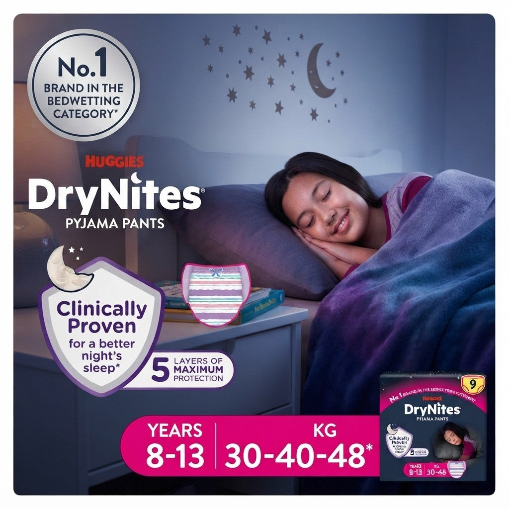 3x 9s Huggies DryNites Bedwetting Pyjama Pants Girl Age 8-13 (30-48kg)