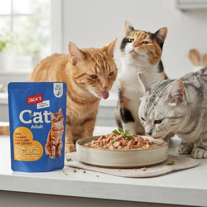 24 x 100g Jack's Cat Adult Wet Food Pouches Variety Pack-Lamb,Chicken&White fish