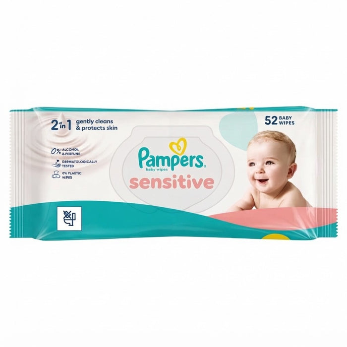 12x 52s Pampers Sensitive Baby Wipes Plastic Free 2in1 Protect Skin