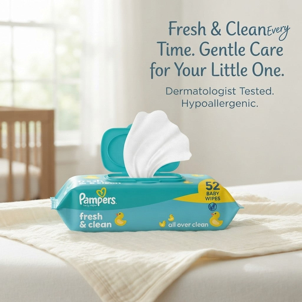 12x 52s Pampers Fresh & Clean Baby Wipes Plastic Free All Over Clean