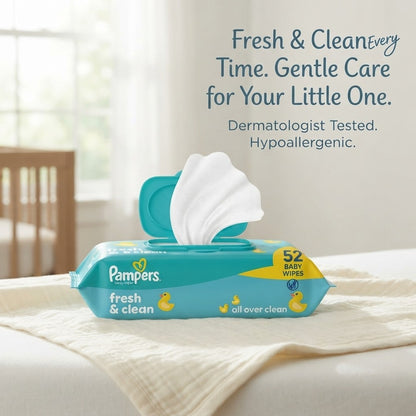 12x 52s Pampers Fresh & Clean Baby Wipes Plastic Free All Over Clean