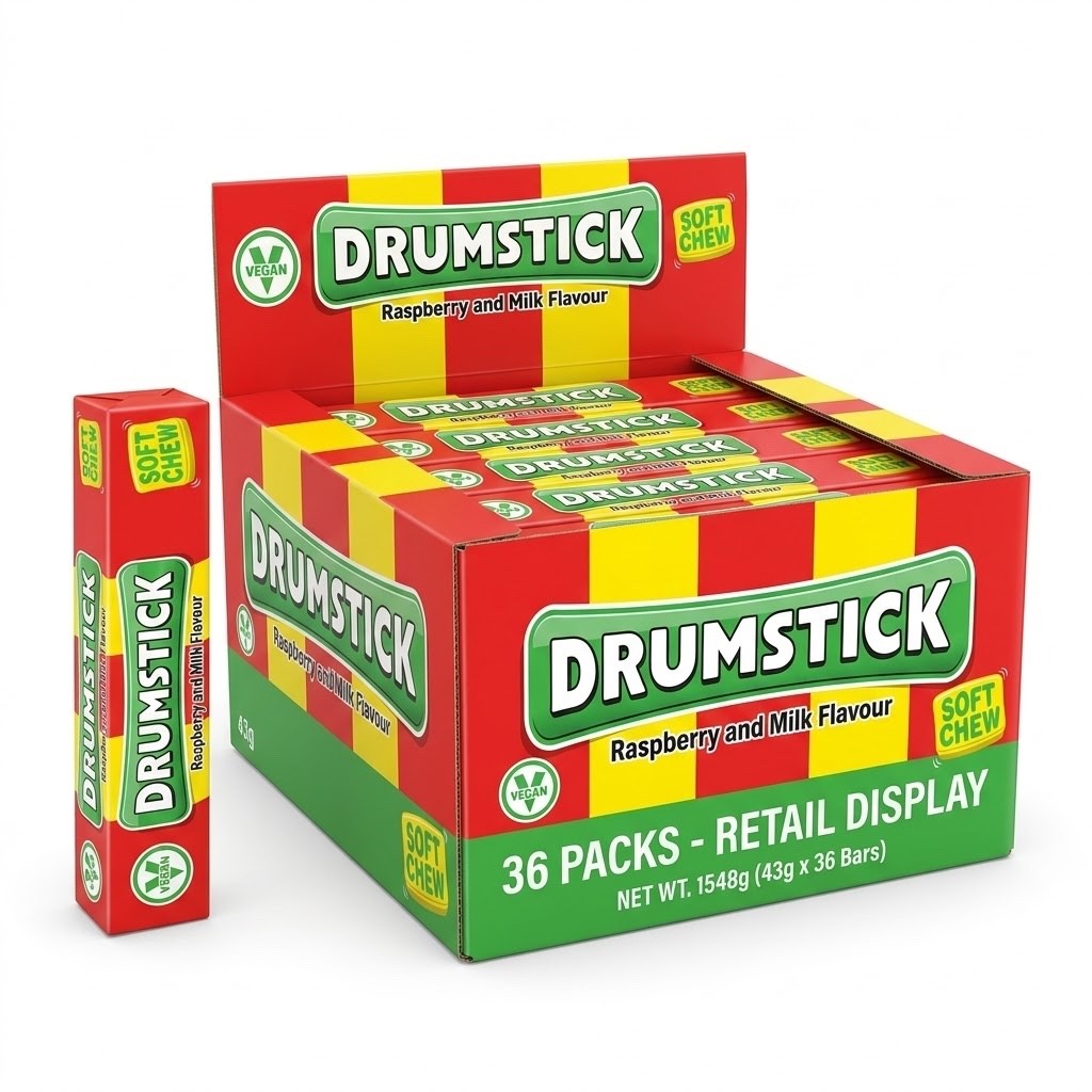 43g x 36 Swizzels Drumstick Vegan Soft Chew Bar Raspberry & Milk Flavour Sweets
