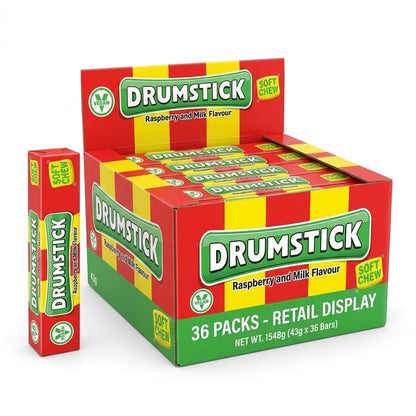 43g x 36 Swizzels Drumstick Vegan Soft Chew Bar Raspberry & Milk Flavour Sweets