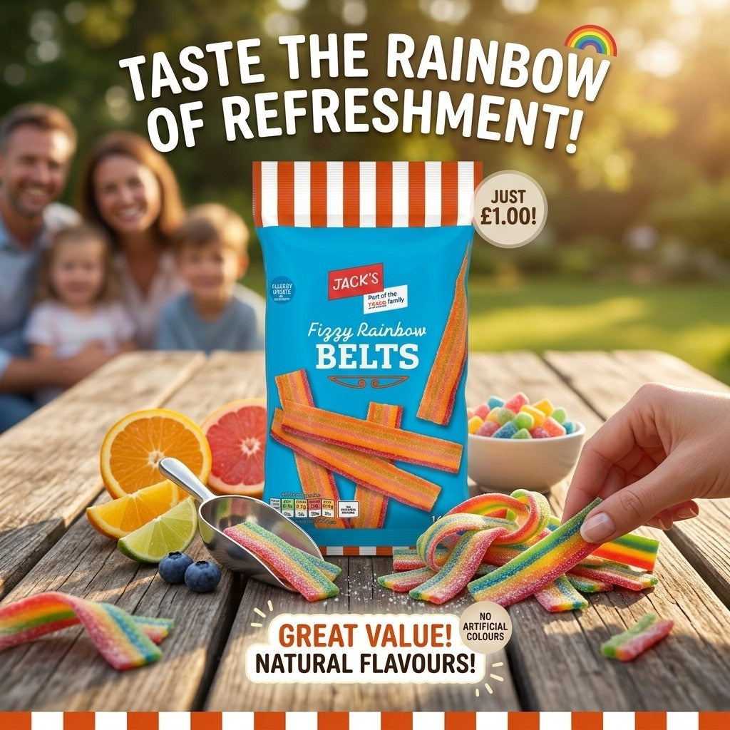 10x 145g Jack's Fizzy Rainbow Belts Sour Sweetshop Gummy Belts Bag