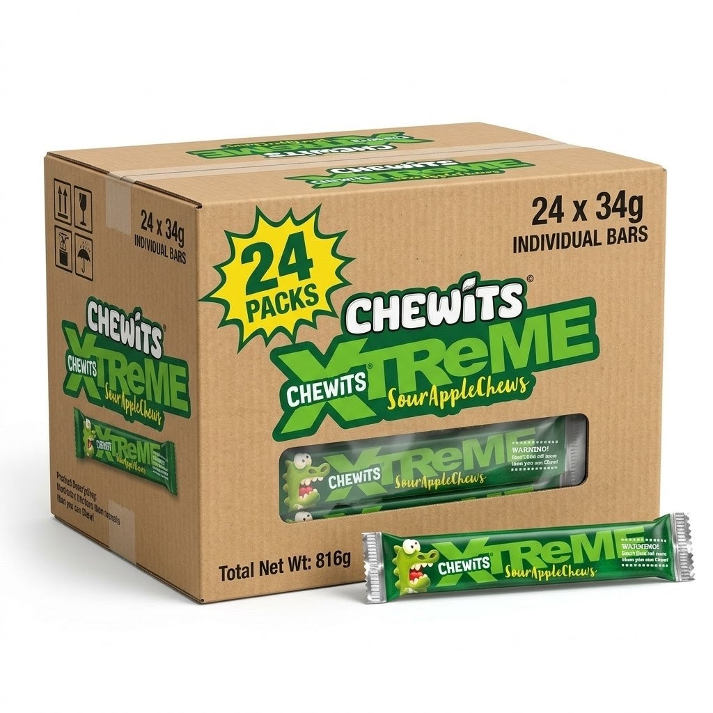 34g x 24 Pack Sour Apple Chewy Sweets Fizzy Fruity Candy Vegetarian