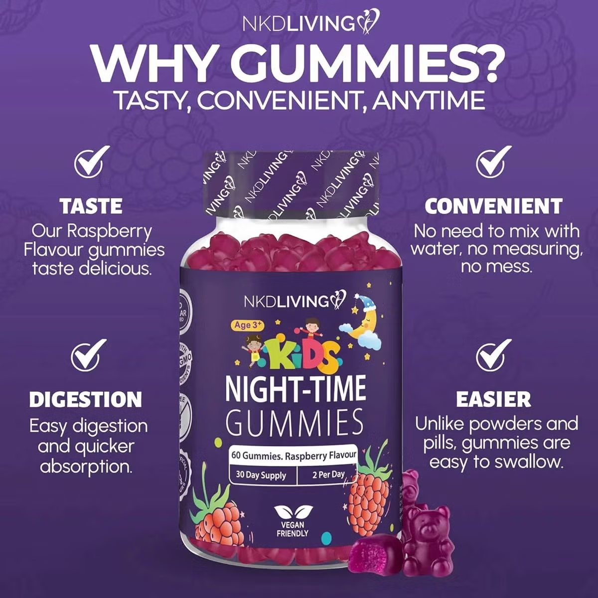 2 x 60 Count NKD Living Kids Night-Time Gummies Raspberry - Magnesium, Chamomile