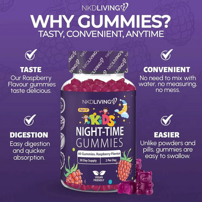 2 x 60 Count NKD Living Kids Night-Time Gummies Raspberry - Magnesium, Chamomile