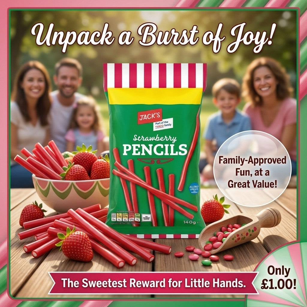 10x 140g Jack's Strawberry Pencils Chewy Fondant Filled Liquorice Sweet