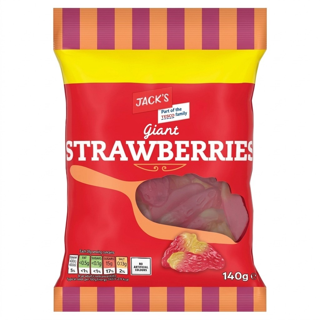 10x 140g Jack's Giant Strawberries Chewy Soft Strawberry Gums Sweets Ba