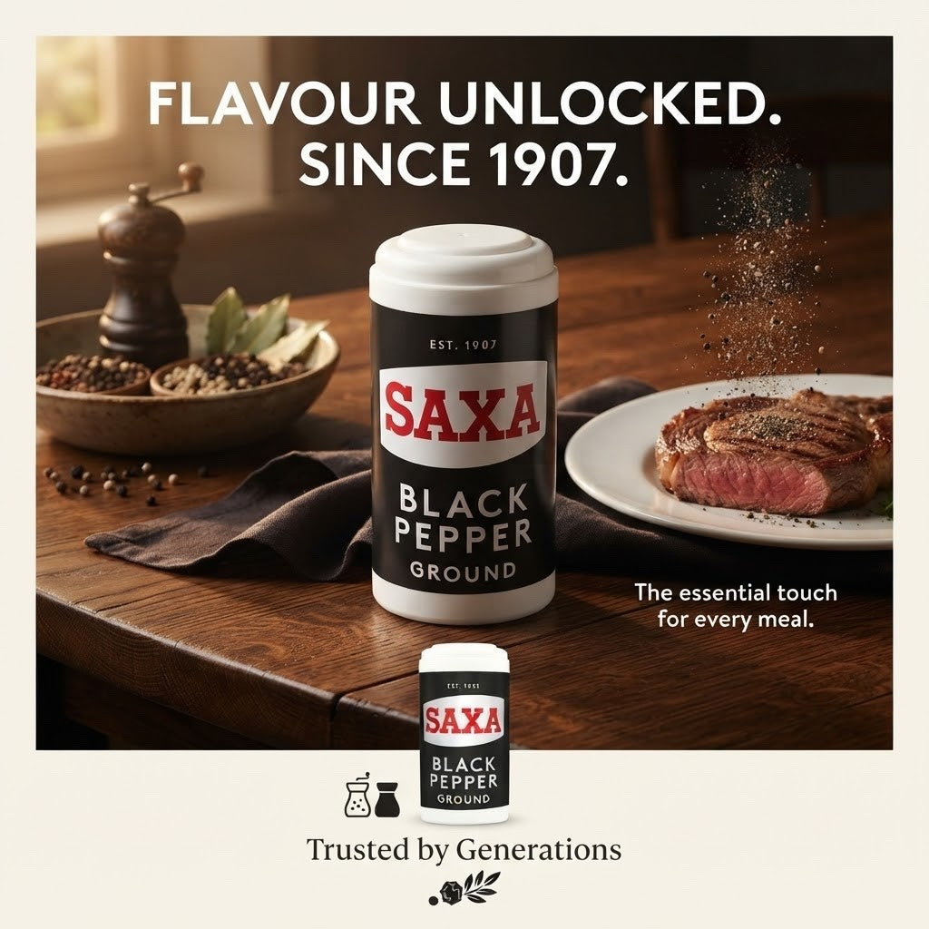 12x 25g Saxa Ground Black Pepper Plastic Pot | Simply Unlocks Flavour