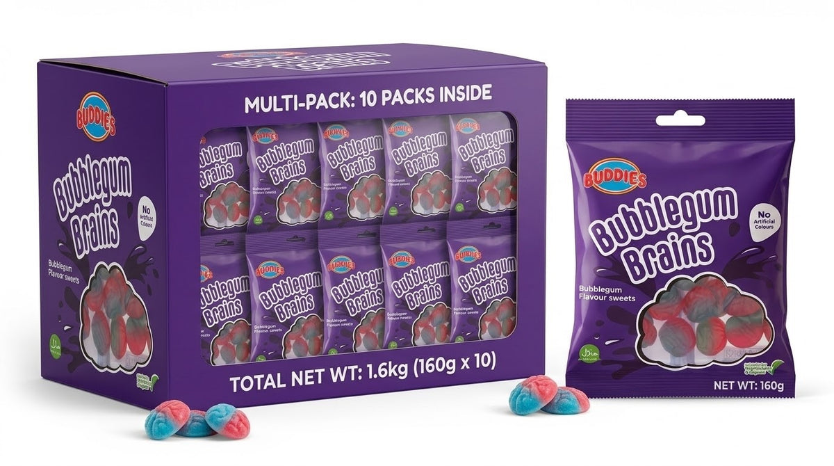 10 x 160g Buddies Bubblegum Brains Sweets Halal Vegan Vegetarian Candy Multipack