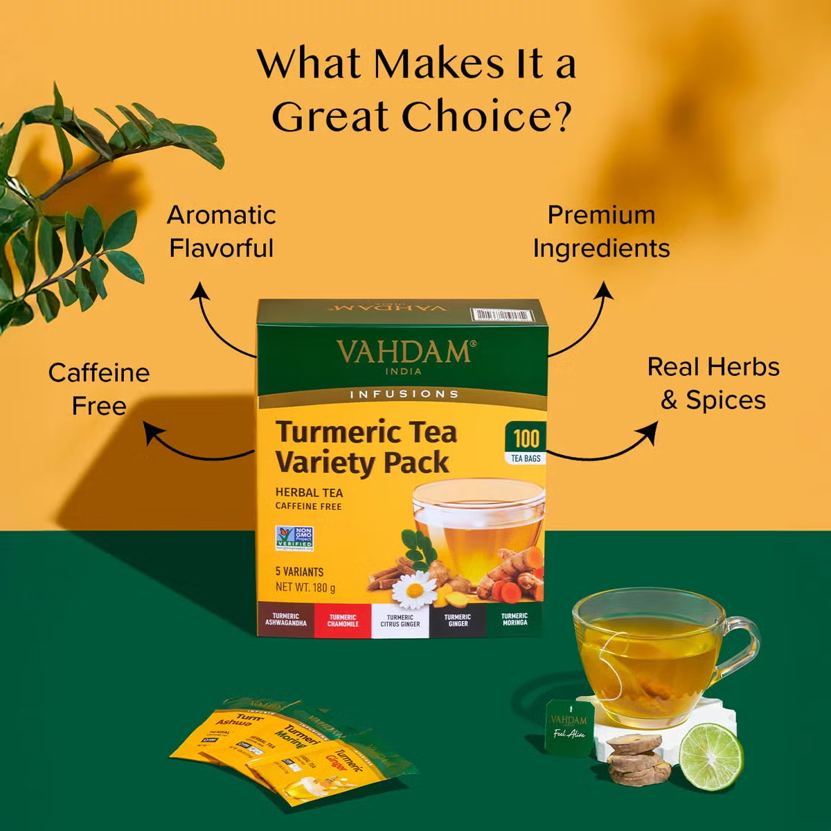 100x 180g Tea Bags Vahdam Turmeric Tea Pack Herbal Wellness Healthy Herbal Tea